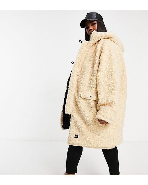 Sixth June Plus reversible oversized puffer coat in teddy with hood-