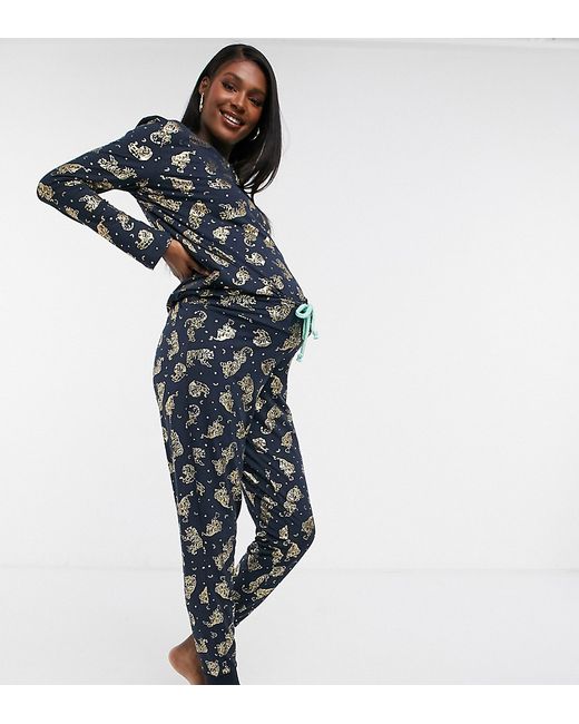 Chelsea Peers Maternity eco poly foil tiger long pajama set in