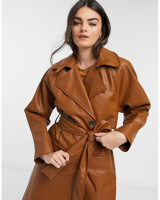 Weekday Elli faux leather trench coat in toffee-