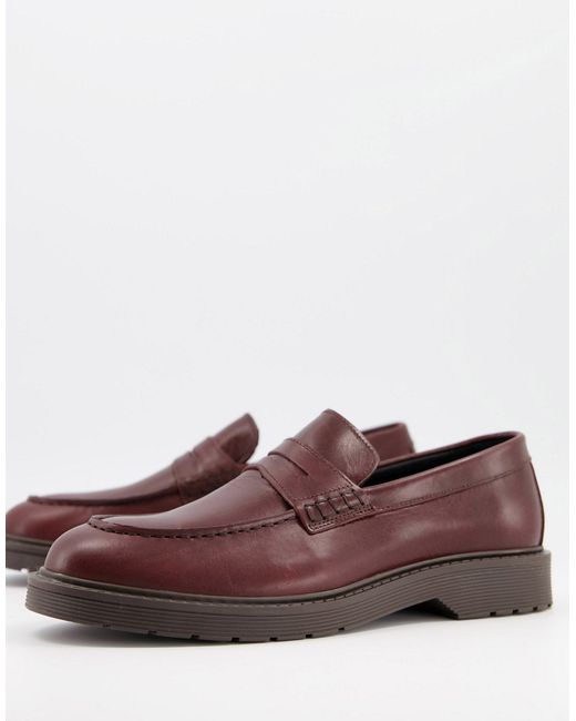 Selected Homme leather penny loafers with chunky sole in burgundy-