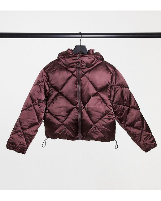 ASOS Petite ASOS DESIGN Petite satin quilted oversized puffer jacket in burgundy-