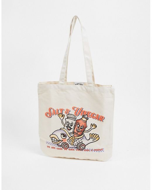 Vintage Supply tote bag with fish chips print in ecru-