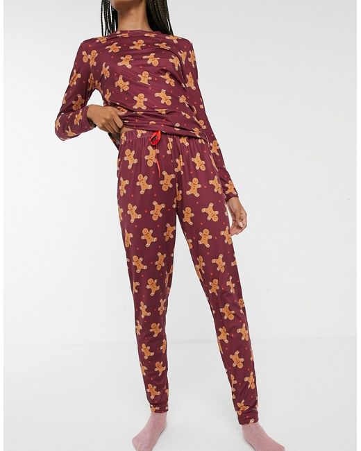 Loungeable printed ginger bread man long pajama set in