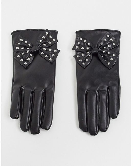 My Accessories London gloves with studded bow detail in faux leather