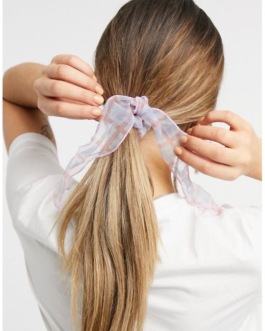Glamorous hair scrunchie with bow in plaid pastel organza-