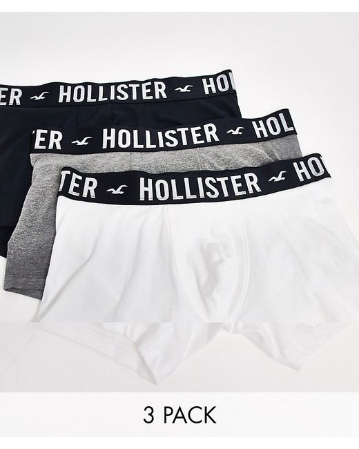 Hollister 3 pack trunks logo contrast waistband in gray/white/black-