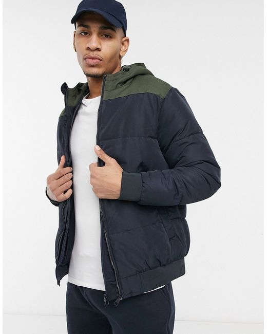 Only & Sons padded jacket with hood in navy-