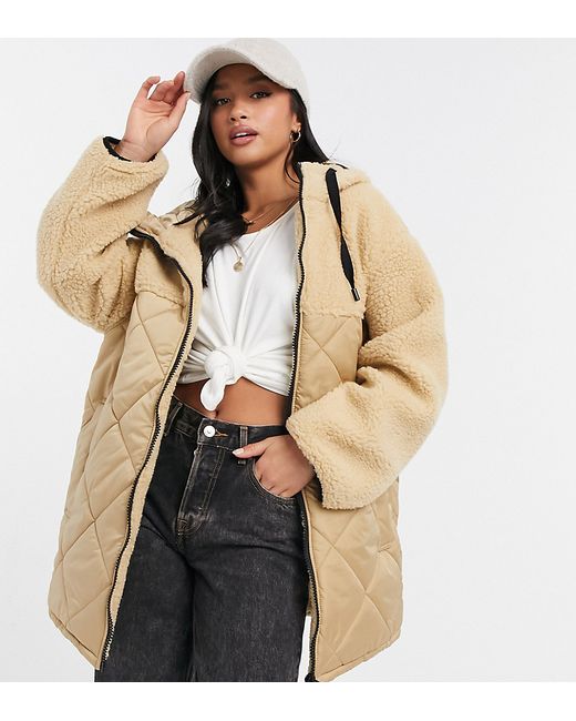 ASOS Petite ASOS DESIGN Petite quilted jacket with sherpa panels in camel-