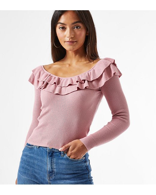 Miss Selfridge Petite pointelle off-the-shoulder sweater in pale