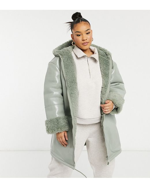 ASOS Curve ASOS DESIGN Curve leather look parka with sherpa lining in sage-