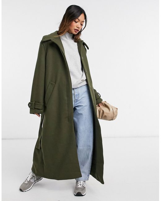 Weekday Ricky recycled wool belted coat in khaki-