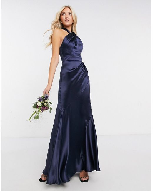 Asos Design Bridesmaid satin halter maxi dress with paneled skirt and keyhole detail-