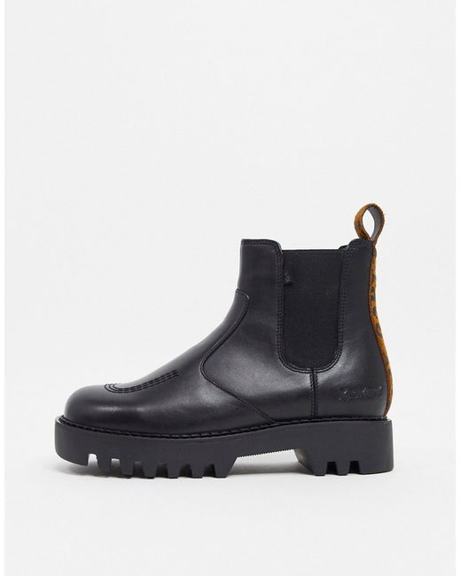 Kickers Kizzie chunky chelsea boots in with leopard back tab