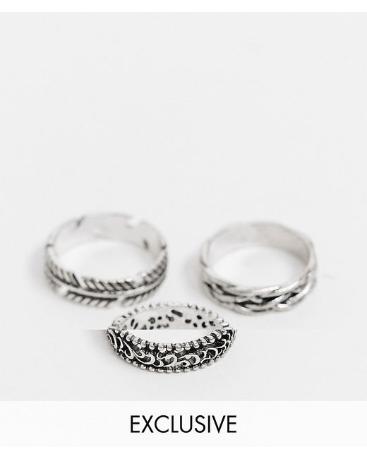 Reclaimed Vintage inspired ring multipack with feather detail in