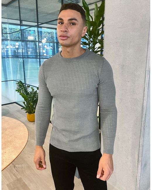 New Look muscle fit crew neck knit sweater in khaki-