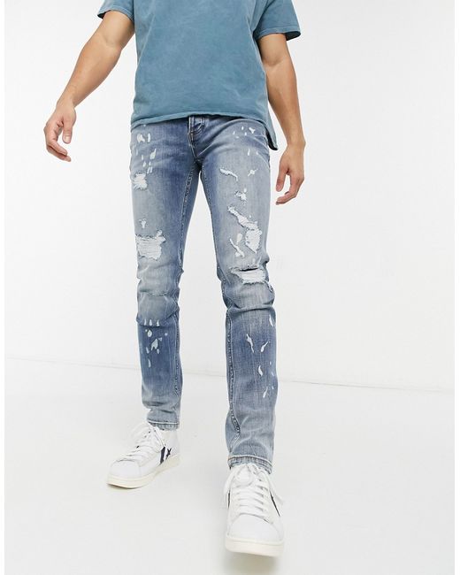 Topman skinny jeans with rips in blue wash-