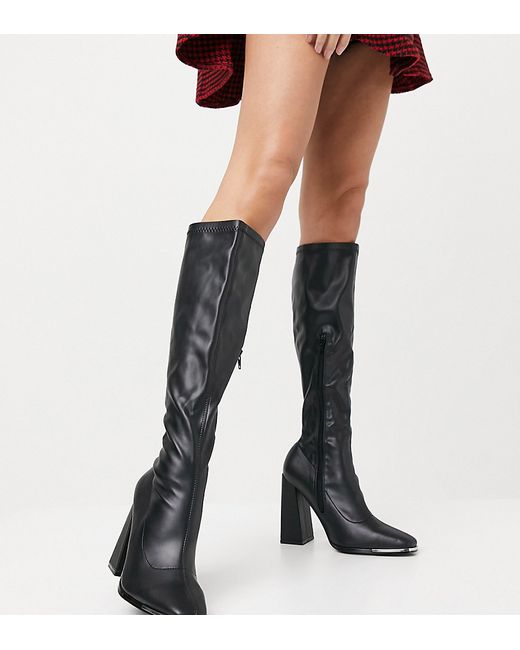Public Desire Wide Fit Caryn stretch knee boot with toe plating in