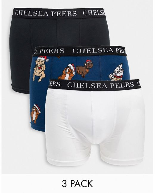 Chelsea Peers 3 pack of boxers in Christmas dog print white black-