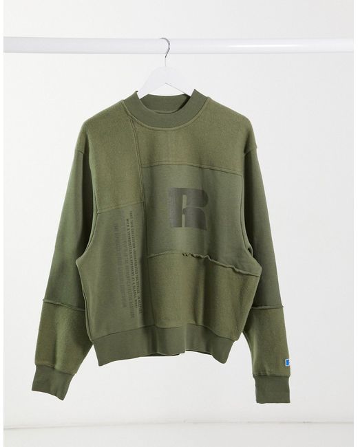Russell Athletic fleece patchwork sweatshirt in khaki-