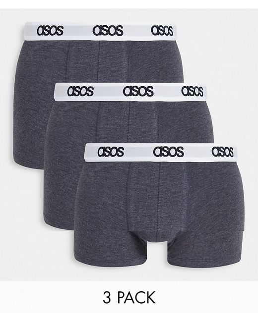 Asos Design 3 pack trunks in dark heather organic cotton with branded waistband-