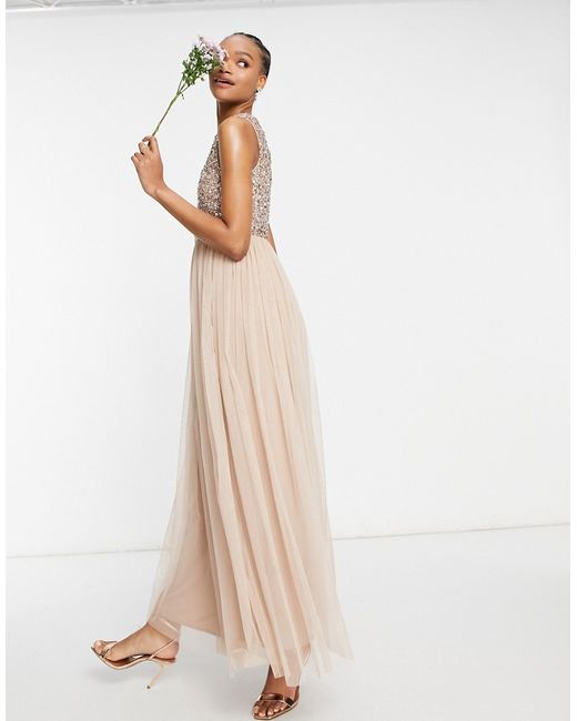 Maya Bridesmaid 2 in 1 maxi tulle dress with tonal delicate sequins taupe blush-