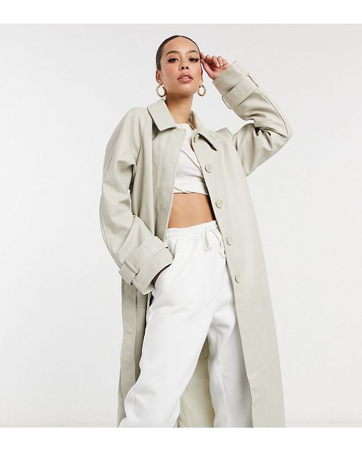 Asos Design Tall collared faux leather trench coat in putty-