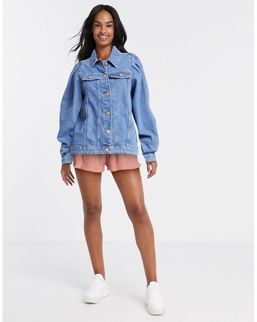 Pieces denim jacket with puff sleeves in