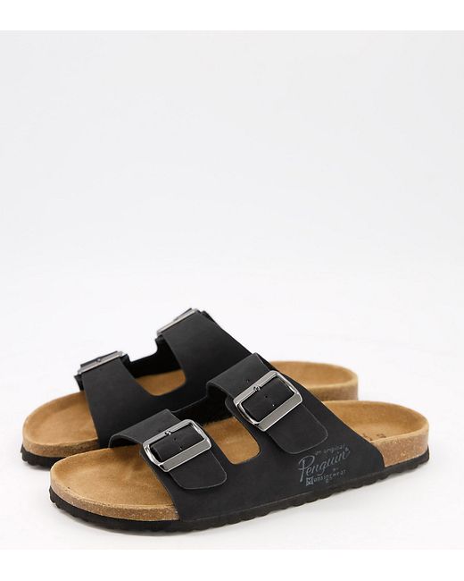 Original Penguin wide fit buckle footbed sandals in brown-