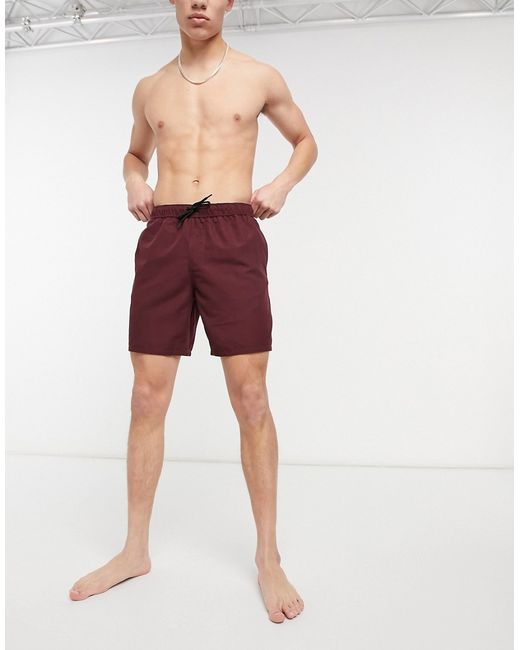 Asos Design swim shorts in burgundy mid length-