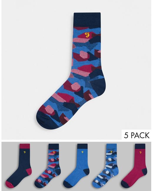 Farah Cascade 5 pack socks in blue pattern-