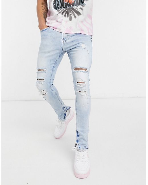 Bershka super skinny jeans with rips in light blue-