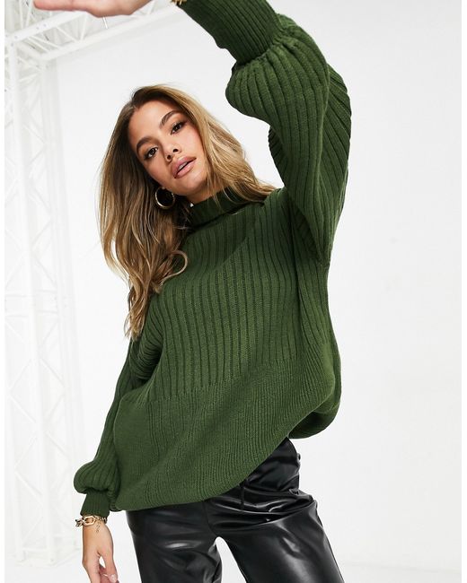 I Saw It First knitted oversized balloon sleeve sweater in khaki-
