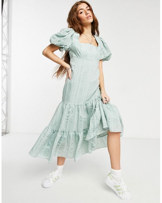 Ever New puff sleeve square neck midaxi smock dress with bow back in soft mint-