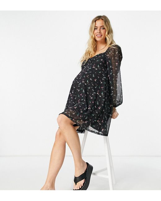 ASOS Maternity ASOS DESIGN Maternity mesh ruched front mini dress with long sleeves in floral