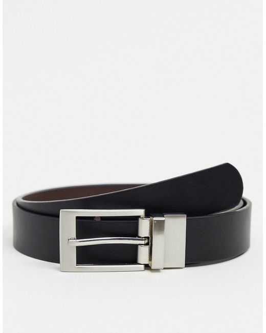 Asos Design reversible slim belt in brown and black faux leather with silver buckle-