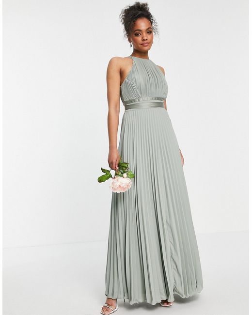 Asos Design Bridesmaid pleated pinny maxi dress with satin wrap waist-