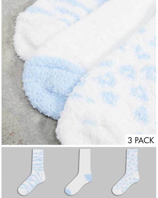 Loungeable fluffy 3 pack lounge socks in pale blue and white animal print-