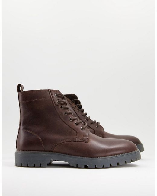 Asos Design lace up boots in leather with chunky sole