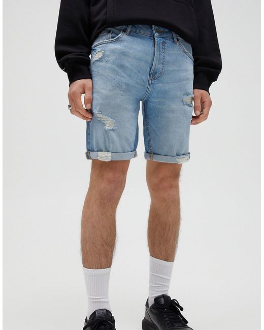 Pull & Bear slim fit denim shorts in with rips
