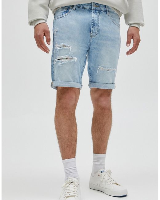Pull & Bear vintage fit denim shorts in bleach with rips-