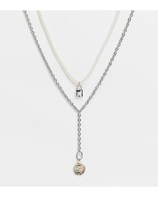 Reclaimed Vintage Inspired multirow chain necklace with lock charm in faux pearl and silver