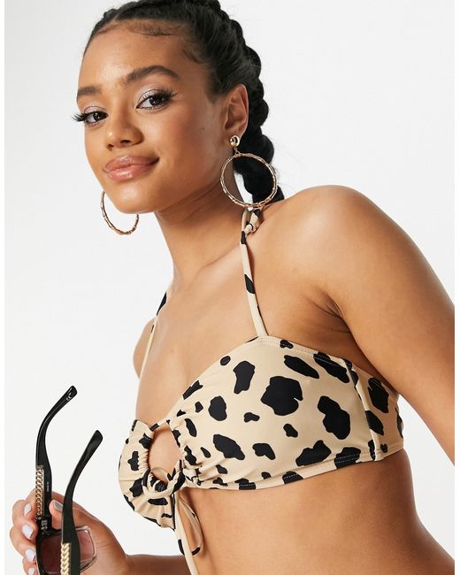 Na-Kd leopard print bow front detail bikini top in brown-