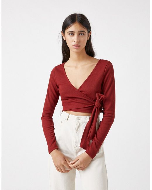 Pull & Bear soft touch ballerina wrap top set in rust-