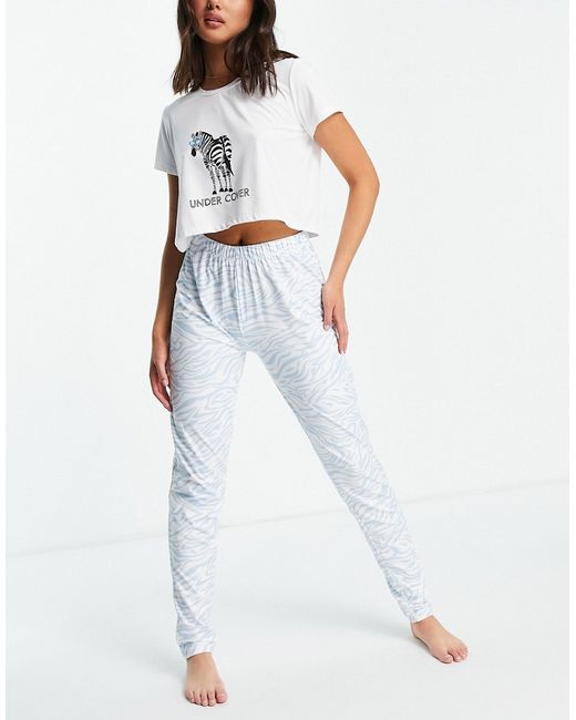 Loungeable undercover zebra t shirt and legging pyjama set in pale blue-