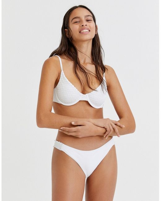 Pull & Bear shirred bikini top in white