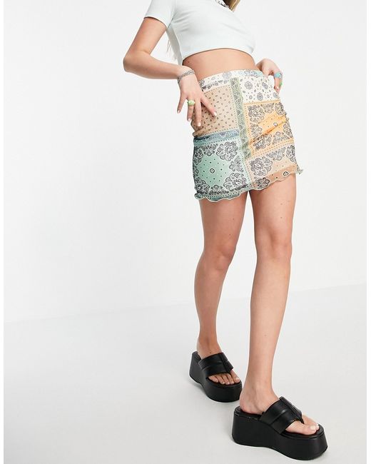 Daisy Street mini skirt with lettuce hem in patchwork mesh-