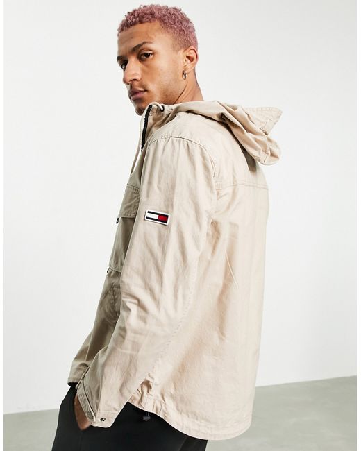 Tommy Jeans lightweight cotton hooded parka jacket in soft beige-