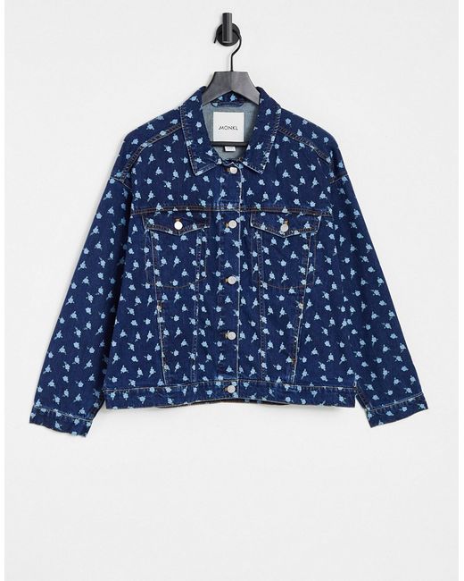 Monki Bonnie recycled denim jacket with printed florals in mid wash-