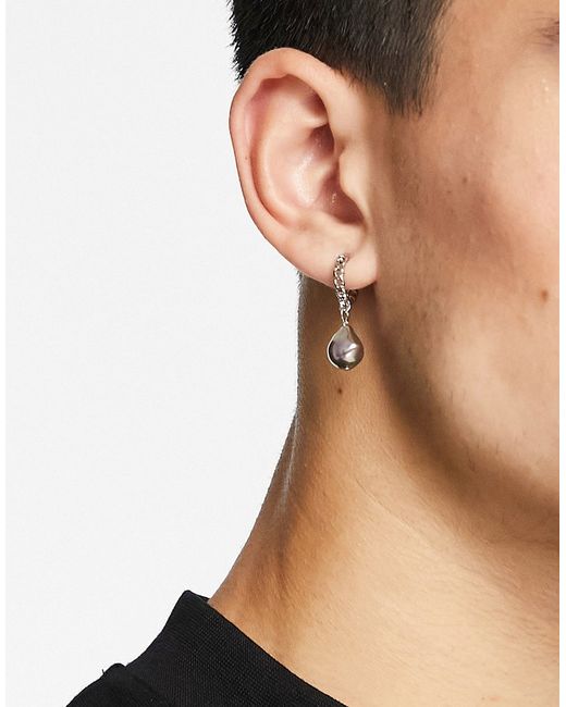 Reclaimed Vintage inspired chain hoop earrings with dark faux pearls in