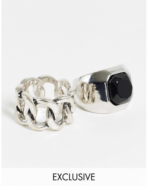Reclaimed Vintage inspired chunky chain and black stone rings 2 pack in